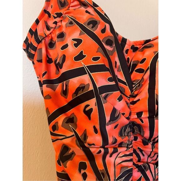 Maxine Sz 16 Gathered Front One Piece Swimsuit Red Orange Animal Print Shapewear - Picture 11 of 14